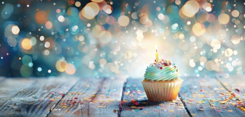 Celebratory Birthday Cupcake with Lit Candle - obrazy, fototapety, plakaty