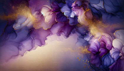 abstract fluid art in luxurious purple violet with gold accents and copy space.