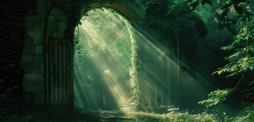 Mystical Sunlight Streaming Through Forest Archway
