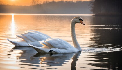 Fototapeta premium Two swans glide gracefully on calm lake waters, bathed in the golden light of a tranquil sunrise, creating a mirror-like reflection.. AI Generation