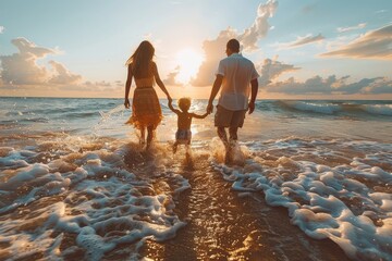 Silhouetted family holding hands and walking into the ocean against a dramatic sunset, conveying connection and joy