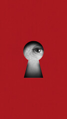 Exploring the mysteries of existence. Senior woman eye looking into keyhole on red background. Contemporary art collage. Conceptual design. Concept of creativity, abstract art, imagination