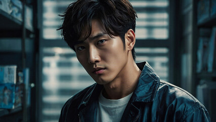 Generative AI illustration, handsome young asian appearance young man closeup portrait