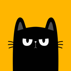 Angry cat. Sad face head. Cute kitten with big eyes. Black silhouette icon. Funny kawaii pet animal. Cartoon funny baby character. Pink ears, nose, cheek. Flat design. Yellow background. Vector