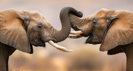 Two elephants touch their trunks and heads together, showing affection in the wild