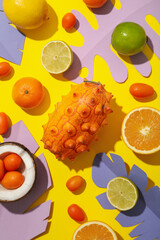 Set of tropical fruit and paper tropical leaves on yellow background, top view