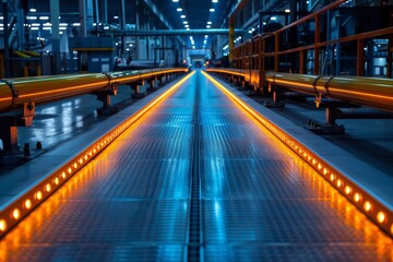 Fototapeta na wymiar Conveyor system pathway illuminated by orange lights gives a futuristic and efficient atmosphere to the industrial setting