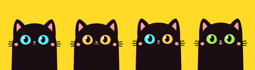 Cat head face set. Black silhouette icon. Kitten with big blue, green, yellow eyes. Cute cartoon funny pet character. Funny kawaii animal. Flat design. Pink ears, nose, cheek. Yellow background Vector