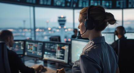 A group of air traffic controllers fix data on computer screens in an airport control tower, surrounded by modern technology and flight fortresses in the background - obrazy, fototapety, plakaty
