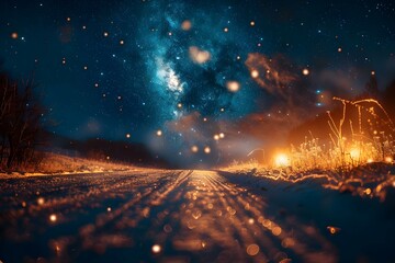 Starry Night Over Snowy Pathway. Concept Winter Wonderland, Starry Night, Snowy Pathway, Outdoors, Night Photography - obrazy, fototapety, plakaty