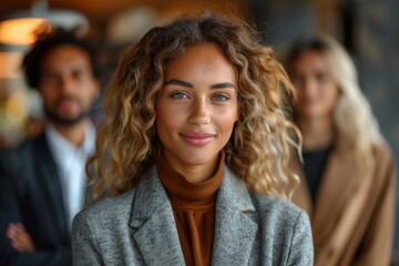 Fototapeta premium Self-assured young female professional ahead of soft-focused colleagues, symbolizing leadership and confidence