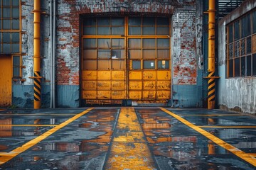 Old and weathered sliding industrial doors set in a brick facade with vibrant yellow accents under a moody sky - obrazy, fototapety, plakaty