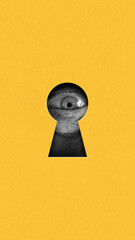 Wide open male eye looking into keyhole on yellow background. Contemporary art collage. Fending unexpected truth. Conceptual design. Concept of creativity, abstract art, imagination and inspiration.