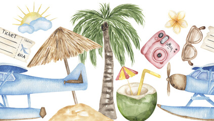 Travel watercolor seamless border with sunglasses, airplane, beach, camera, airplane ticket, beach umbrella, palm tree, tropical florals illustration, traveler elements repeat paper - 781919149