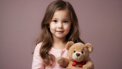 A young girl with long hair smiling gently while holding a plush teddy bear against a plain background