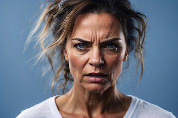 Close-up of an adult woman with an intense and fierce facial expression against a blue background - obrazy, fototapety, plakaty
