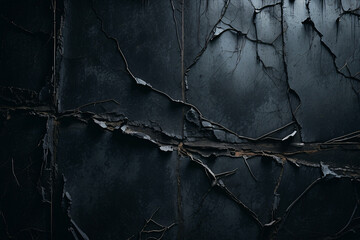 The image showcases a dark, textured surface with deep cracks, conveying decay and the concept of aging