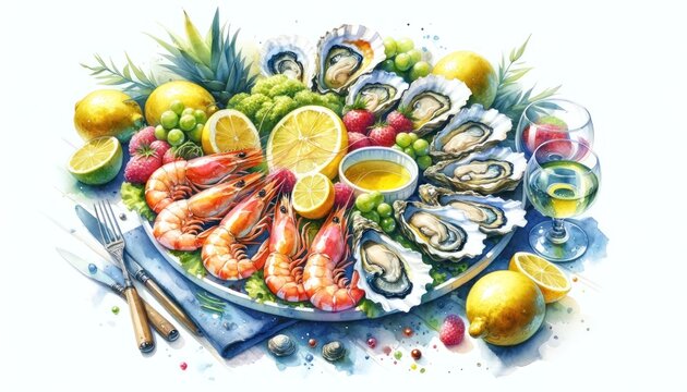 Bright watercolor seafood platter, shrimp, oysters, and lemon, summer dining al fresco, on white.  