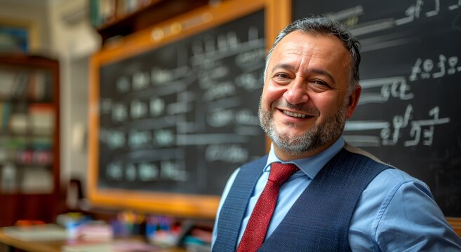 Man in Vest and Tie Standing in Front of Blackboard