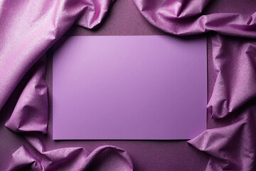 A rich purple satin fabric elegantly draped around a blank purple card perfect for messages or invitations