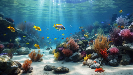 Fototapeta na wymiar A vivid underwater seascape with fish swimming around rich, colorful coral reefs bathed in sunlight filtering through the water