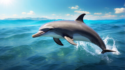 Majestic dolphin captured mid-leap above glistening ocean waves, with a realistic impression of freedom and grace