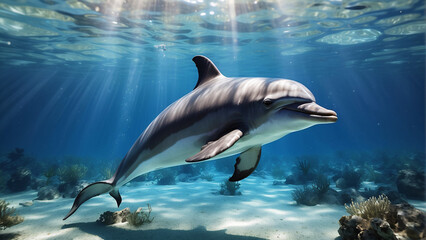 An underwater perspective shows a dolphin as it elegantly swims near the ocean floor, surrounded by coral