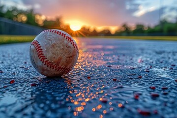 A mesmerizing scene where the sun sets beautifully, reflecting on a moistened baseball on an asphalt surface - obrazy, fototapety, plakaty