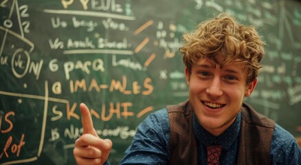 Young Man Giving Thumbs Up in Front of Chalkboard
