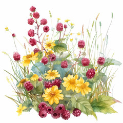 Fototapeta premium Raspberries in meadow, white background, watercolor illustration.