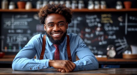 Obraz premium Man in Blue Shirt and Tie Sitting at Bar
