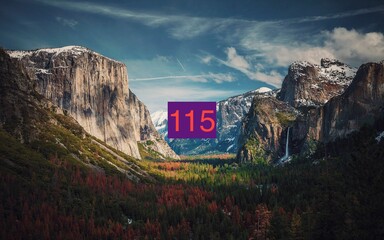 Mountain landscape with purple square and number 115 on top