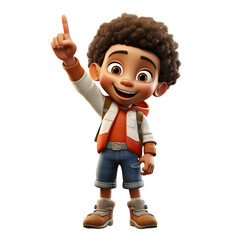 Afro boy pointing with index finger, 3D style, isolated on blank background.