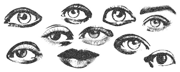 Eyes and lips with monochrome halftone stipple effect, for grunge punk y2k collage design. Elements in brutalist retro photocopy design. Vector illustration for vintage banner, music poster - 781920592