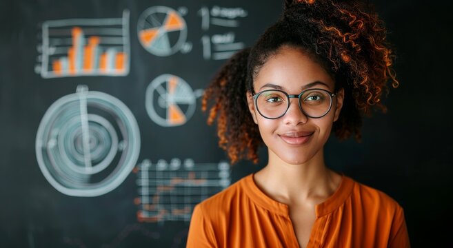 An American African female teacher Standing in Front of Chalkboard