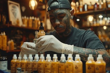 Tattooed man wearing sterile gloves examining product in tattoo studio - obrazy, fototapety, plakaty