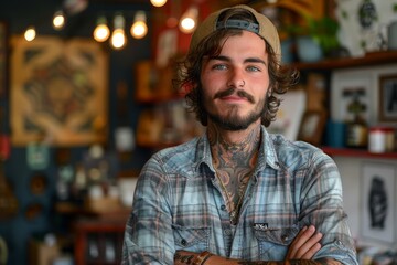 Tattooed hipster man confidently posing with crossed arms at his tattoo shop - obrazy, fototapety, plakaty
