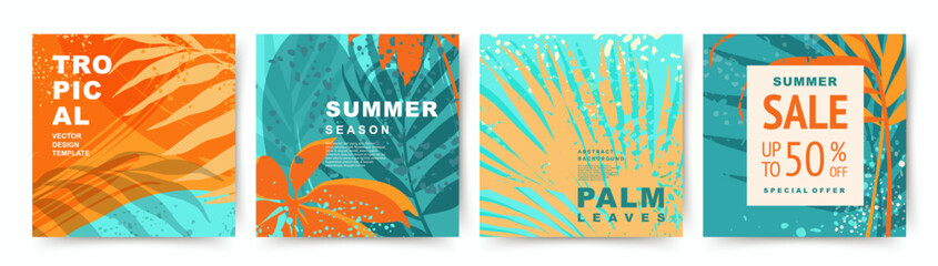 Summer backgrounds with tropical palm leaves. Texture of blue, orange and yellow colors. Theme of vacation and beach. Summer Sale. Editable vector template. Exotic nature poster, banner, cover, card © Feodora_21