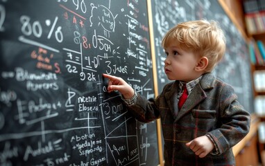 Young Boy in Suit Pointing at Chalkboard
