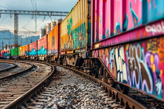 Graffiti art on colorful freight train wagons