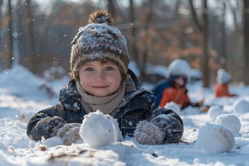 Winter portrait of a child lying on snow, smiling while surrounded by snowballs, with children in the background