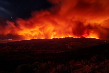Glow of a firestorm over a ridge, night, the raw power of nature unleashed, panoramic, ominous , professional color grading