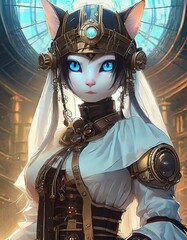 スチームパンク世界の猫のシスター 白猫 修道女