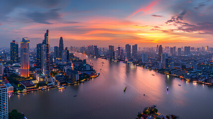 Fototapeta premium Aerial view of Bangkok skyline at dusk with modern business building
