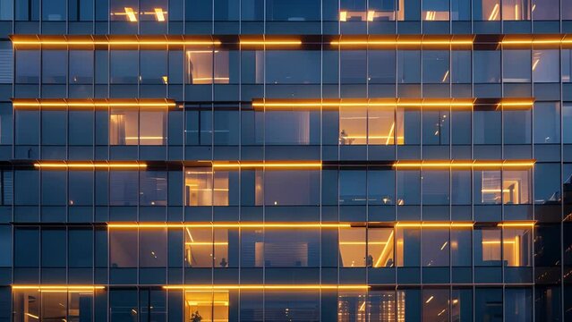 A brightlylit office building with solar panels covering its entire exterior showcasing its commitment to clean energy. . .
