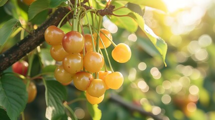 Harvest of ripe yellow cherries on a branch in the garden, agribusiness business concept, organic healthy food and non-GMO fruits with copy space
