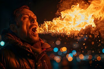 Fiery Breath: Urban Blaze Illusion. Concept Fire-breathing Dragons, Urban Cityscape, Fiery Trails,...