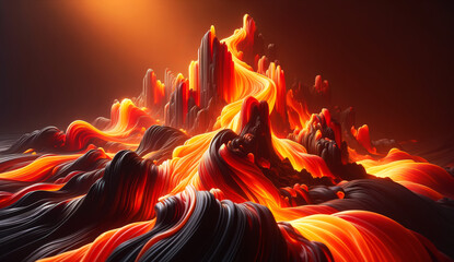 A fiery landscape with vibrant orange and black waves resembling molten lava flowing over a dark, contrasting terrain. - obrazy, fototapety, plakaty