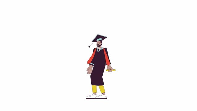 Jumping male student in graduation gown line 2D character animation. College ceremony flat color cartoon 4K video, alpha channel. Black man graduate holding diploma animated person on white background