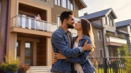 Couple embracing in front of new house